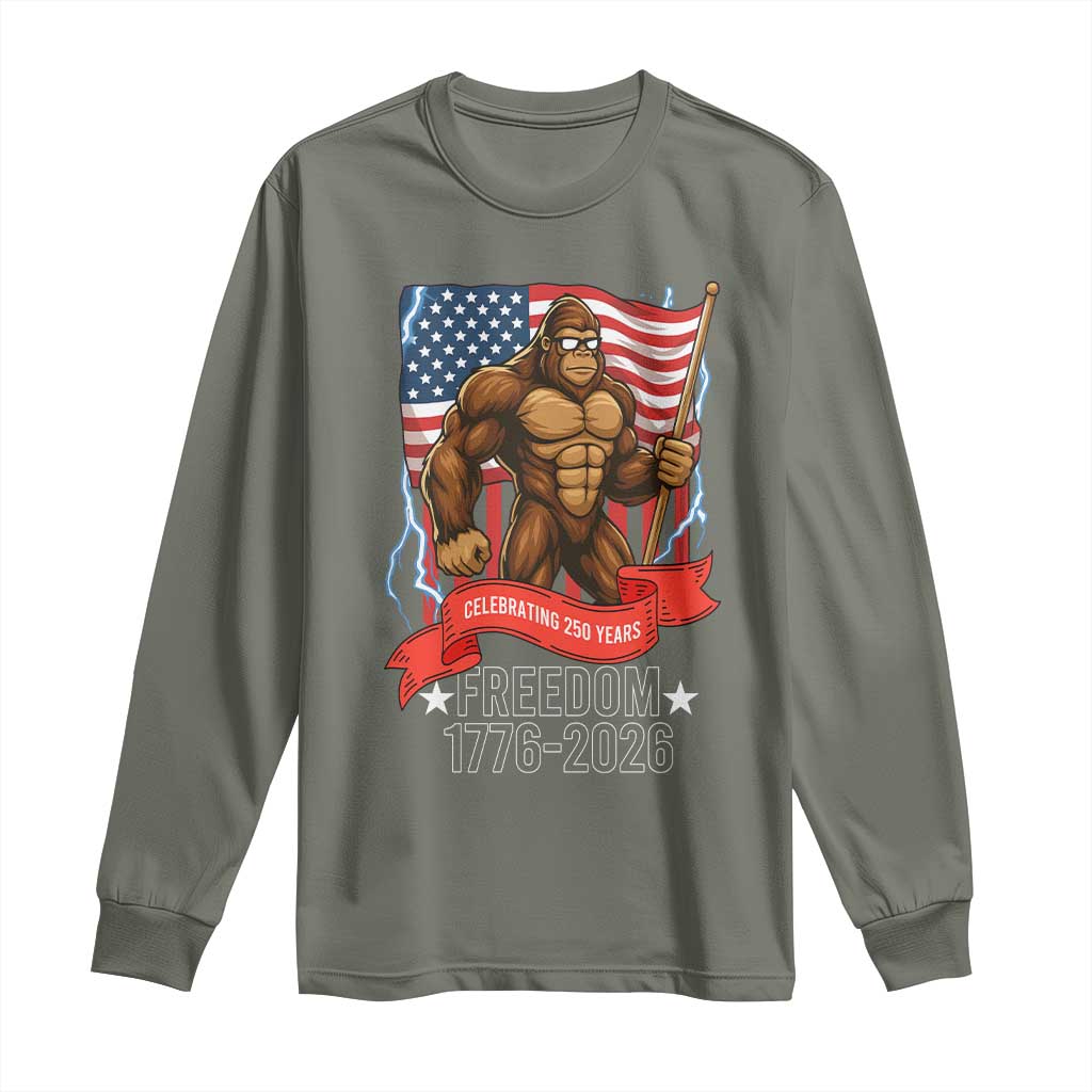 Patriotic Bigfoot US 250th Anniversary Long Sleeve Shirt Sasquatch Celebrating 250 Years of Freedom 1776 to 2026 TS02 Military Green Print Your Wear
