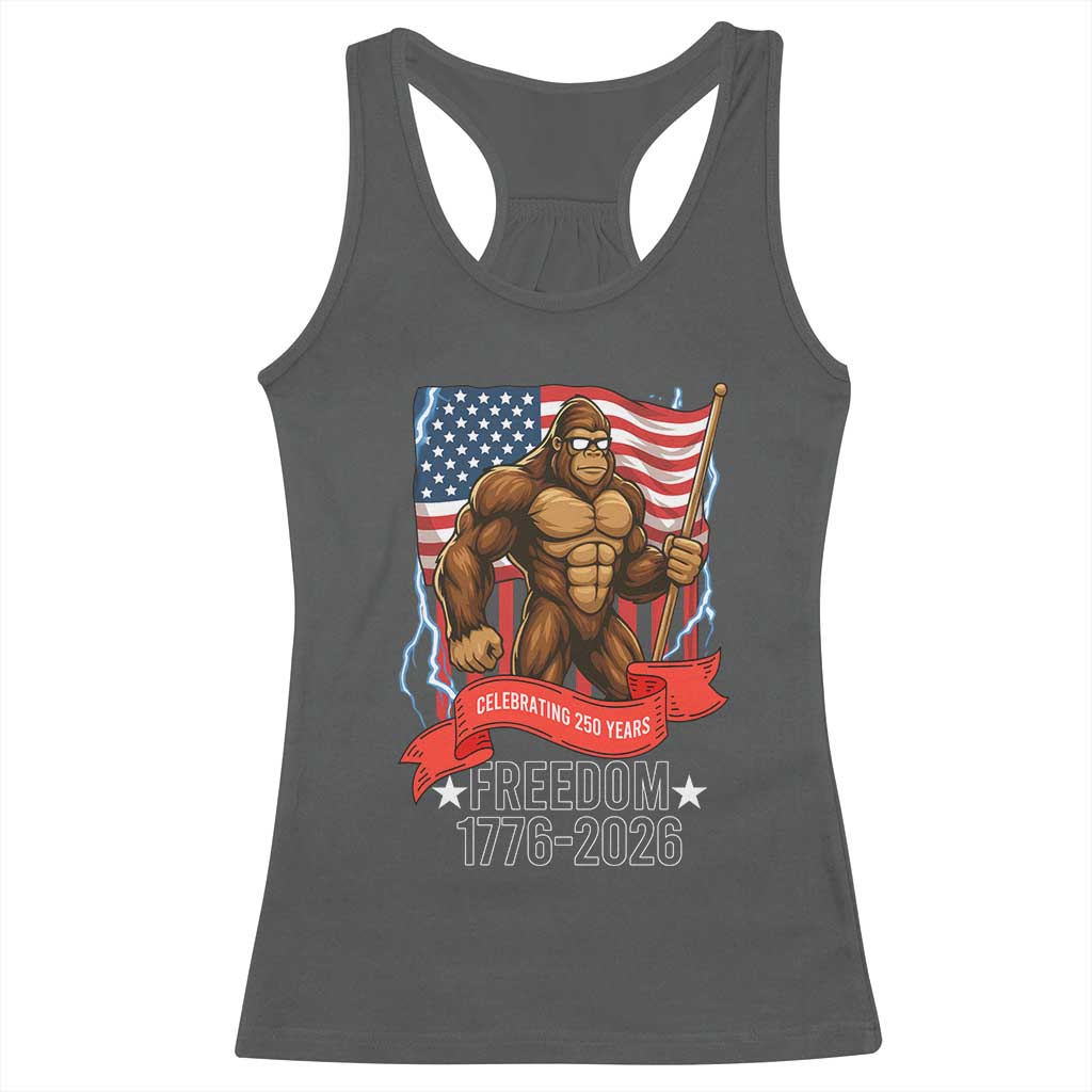 Patriotic Bigfoot US 250th Anniversary Racerback Tank Top Sasquatch Celebrating 250 Years of Freedom 1776 to 2026 TS02 Dark Heather Print Your Wear