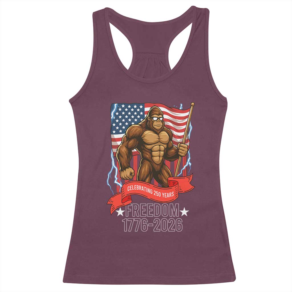 Patriotic Bigfoot US 250th Anniversary Racerback Tank Top Sasquatch Celebrating 250 Years of Freedom 1776 to 2026 TS02 Maroon Print Your Wear