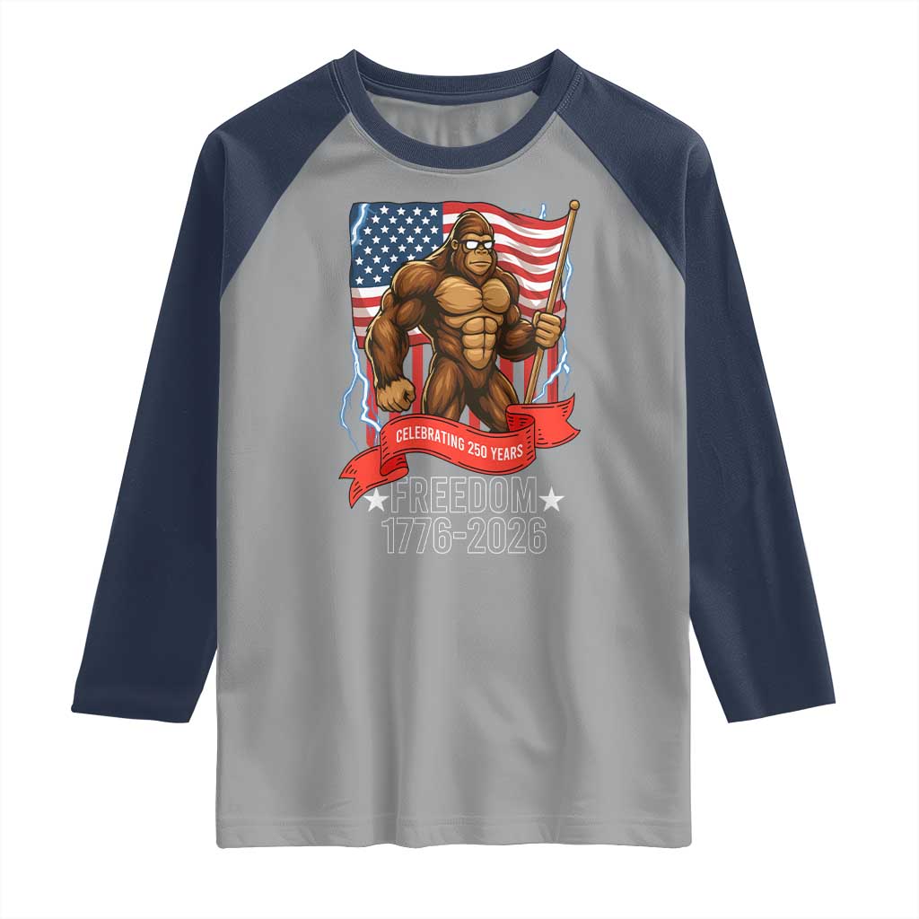 Patriotic Bigfoot US 250th Anniversary Raglan Shirt Sasquatch Celebrating 250 Years of Freedom 1776 to 2026 TS02 Sport Gray Navy Print Your Wear