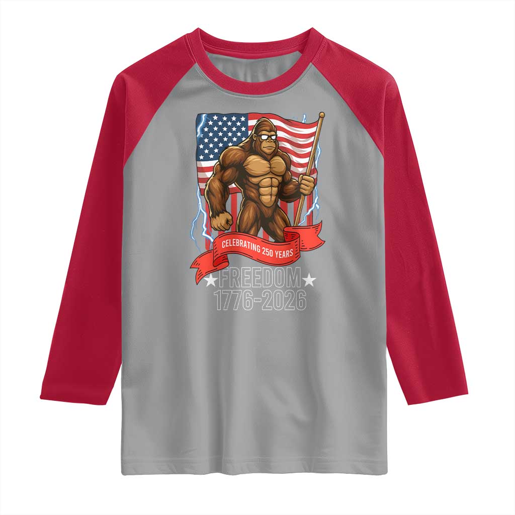 Patriotic Bigfoot US 250th Anniversary Raglan Shirt Sasquatch Celebrating 250 Years of Freedom 1776 to 2026 TS02 Sport Gray Red Print Your Wear