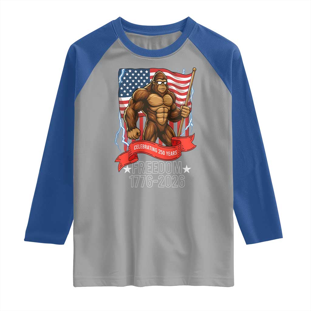 Patriotic Bigfoot US 250th Anniversary Raglan Shirt Sasquatch Celebrating 250 Years of Freedom 1776 to 2026 TS02 Sport Gray Royal Print Your Wear