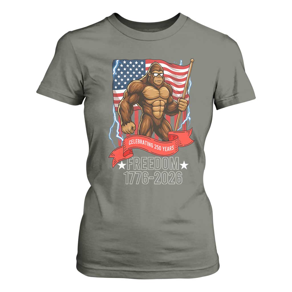 Patriotic Bigfoot US 250th Anniversary T Shirt For Women Sasquatch Celebrating 250 Years of Freedom 1776 to 2026 TS02 Military Green Print Your Wear