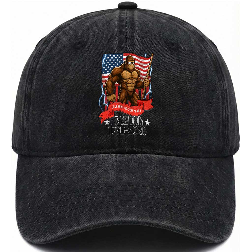 Patriotic Bigfoot US 250th Anniversary Washed Cotton Baseball Cap Sasquatch Celebrating 250 Years of Freedom 1776 to 2026 TS02 Washed Cap Universal Fit Black Print Your Wear