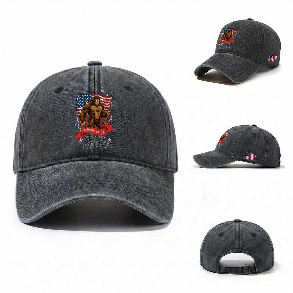 Patriotic Bigfoot US 250th Anniversary Washed Cotton Baseball Cap Sasquatch Celebrating 250 Years of Freedom 1776 to 2026 TS02 Washed Cap Universal Fit Dark Gray Print Your Wear