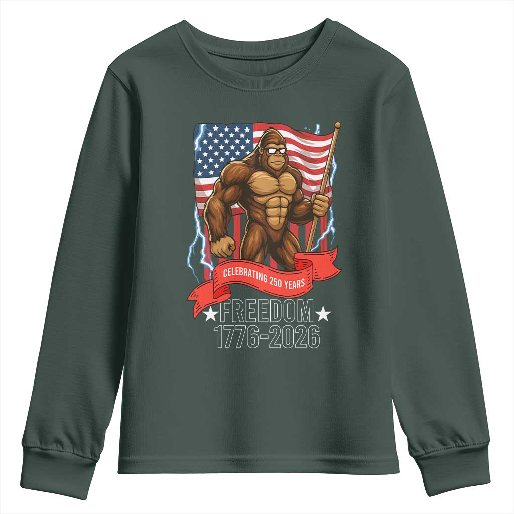Patriotic Bigfoot US 250th Anniversary Youth Sweatshirt Sasquatch Celebrating 250 Years of Freedom 1776 to 2026 TS02 Dark Forest Green Print Your Wear