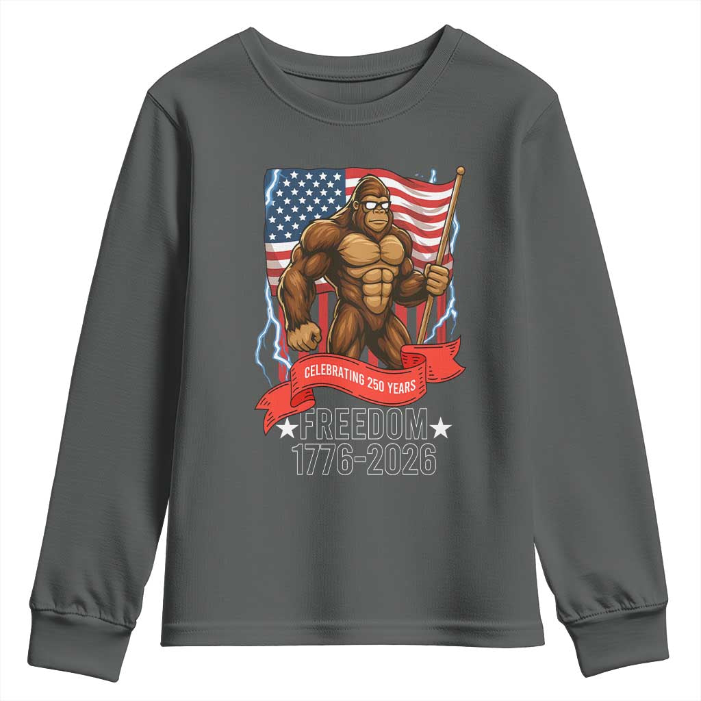 Patriotic Bigfoot US 250th Anniversary Youth Sweatshirt Sasquatch Celebrating 250 Years of Freedom 1776 to 2026 TS02 Dark Heather Print Your Wear