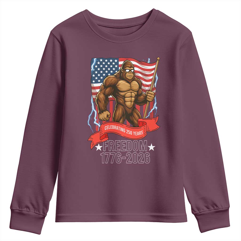 Patriotic Bigfoot US 250th Anniversary Youth Sweatshirt Sasquatch Celebrating 250 Years of Freedom 1776 to 2026 TS02 Maroon Print Your Wear