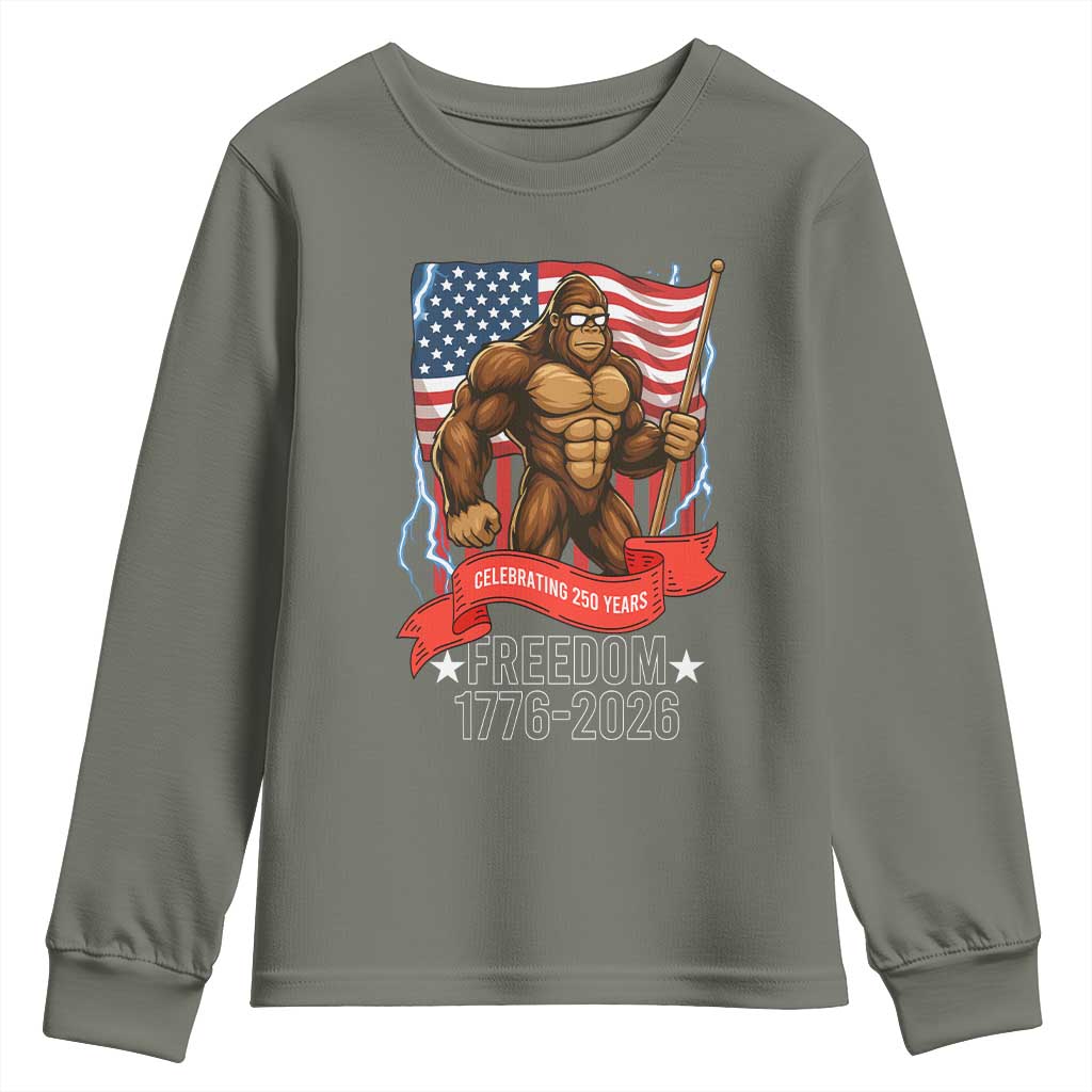 Patriotic Bigfoot US 250th Anniversary Youth Sweatshirt Sasquatch Celebrating 250 Years of Freedom 1776 to 2026 TS02 Military Green Print Your Wear
