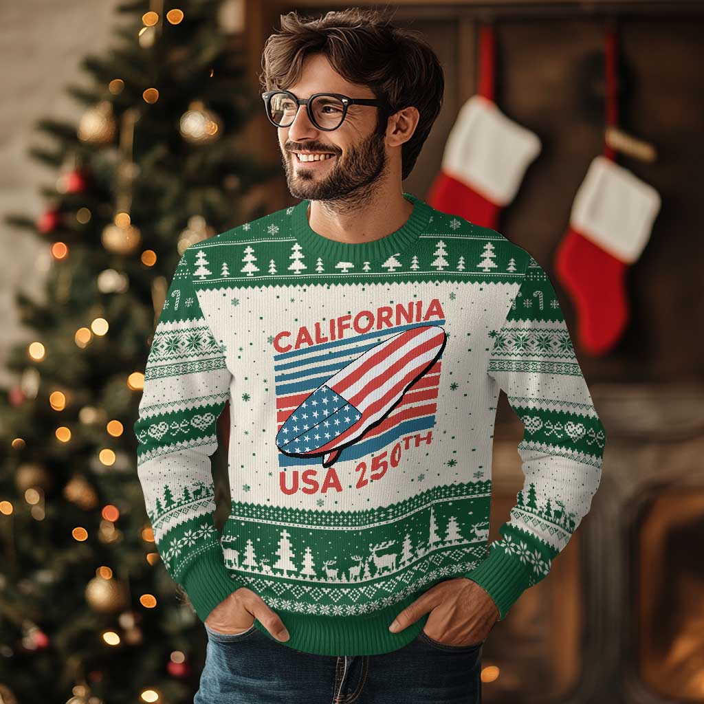 California USA 250th Anniversary Ugly Christmas Sweater US Semiquincentennial Patriotic Surfboard Graphic TS02 Beige Green Print Your Wear