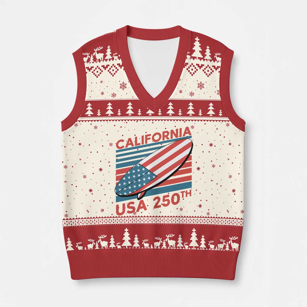 California USA 250th Anniversary V-Neck Knit Sweater Vest US Semiquincentennial Patriotic Surfboard Graphic TS02 Beige Red Print Your Wear