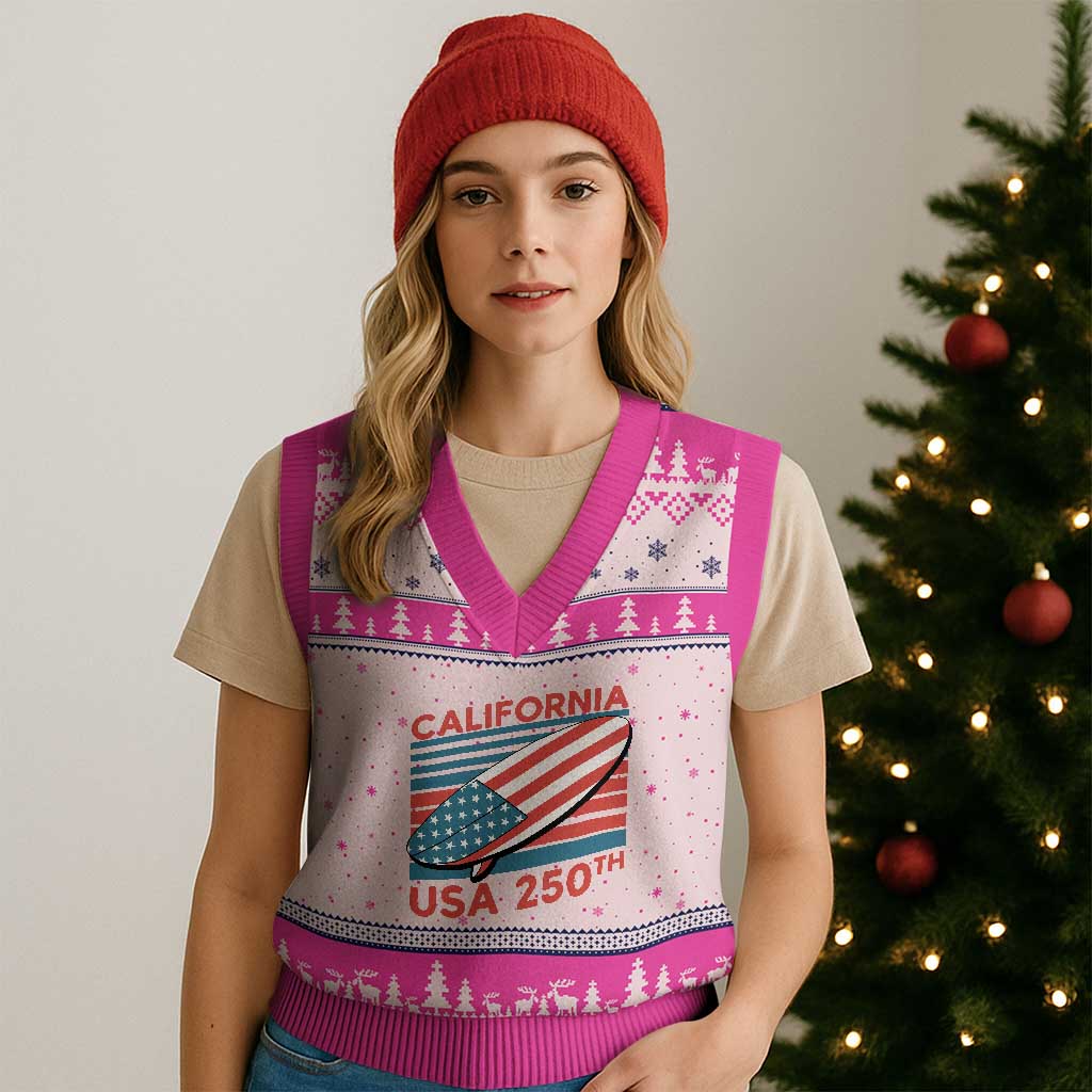 California USA 250th Anniversary V-Neck Knit Sweater Vest US Semiquincentennial Patriotic Surfboard Graphic TS02 Hot Pink Print Your Wear