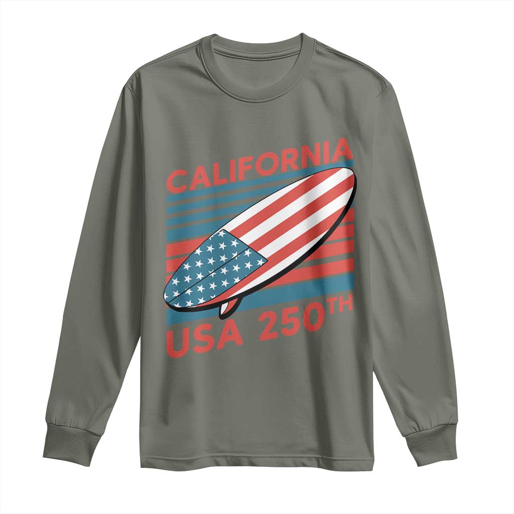 California USA 250th Anniversary Long Sleeve Shirt US Semiquincentennial Patriotic Surfboard Graphic TS02 Military Green Print Your Wear