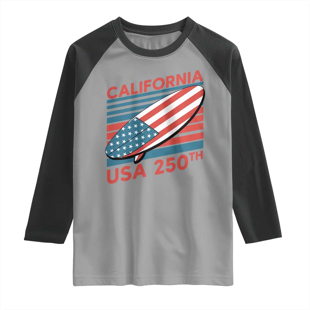 California USA 250th Anniversary Raglan Shirt US Semiquincentennial Patriotic Surfboard Graphic TS02 Sport Gray Black Print Your Wear