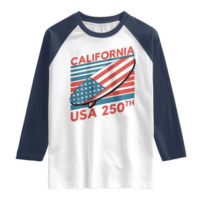 California USA 250th Anniversary Raglan Shirt US Semiquincentennial Patriotic Surfboard Graphic TS02 White Navy Print Your Wear