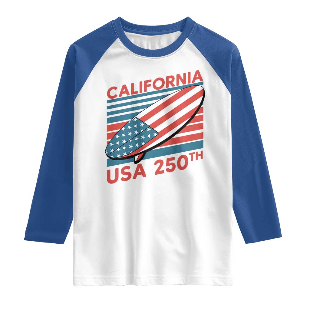 California USA 250th Anniversary Raglan Shirt US Semiquincentennial Patriotic Surfboard Graphic TS02 White Royal Print Your Wear