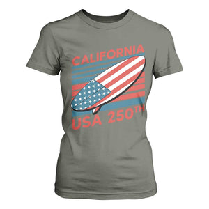 California USA 250th Anniversary T Shirt For Women US Semiquincentennial Patriotic Surfboard Graphic TS02 Military Green Print Your Wear