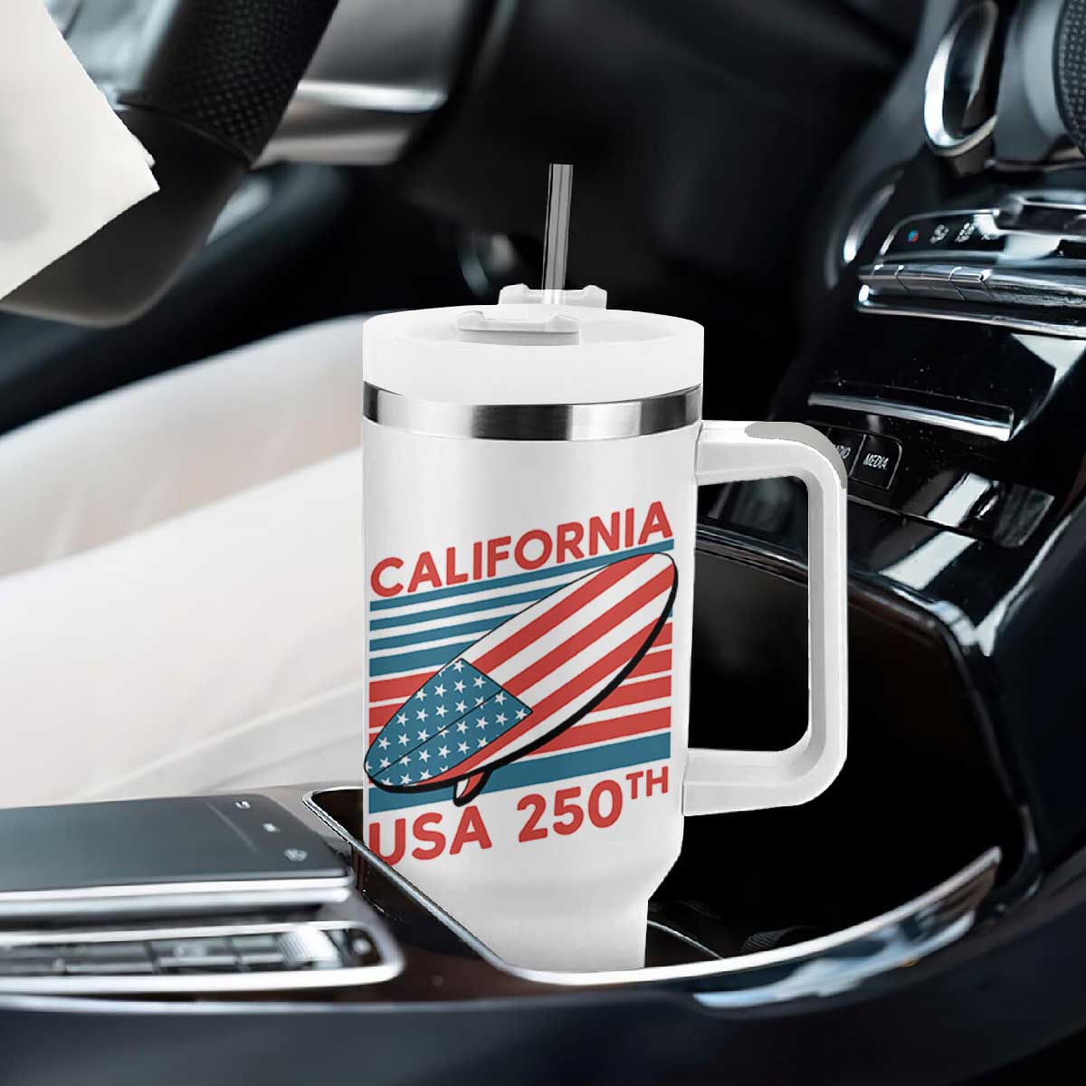 California USA 250th Anniversary Tumbler With Handle US Semiquincentennial Patriotic Surfboard Graphic TS02 Print Your Wear