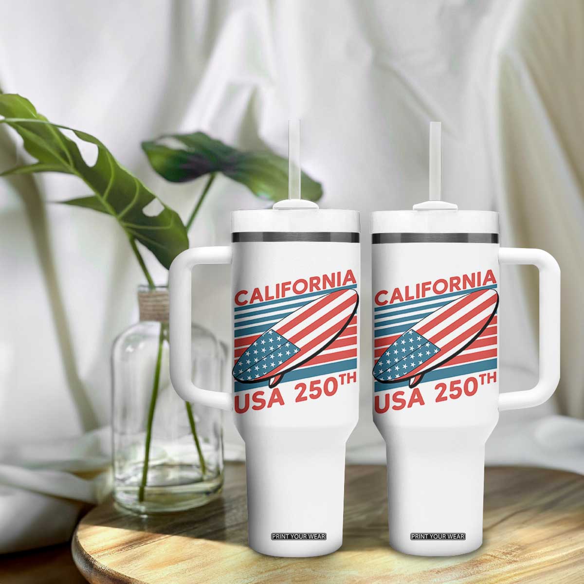 California USA 250th Anniversary Tumbler With Handle US Semiquincentennial Patriotic Surfboard Graphic TS02 Print Your Wear