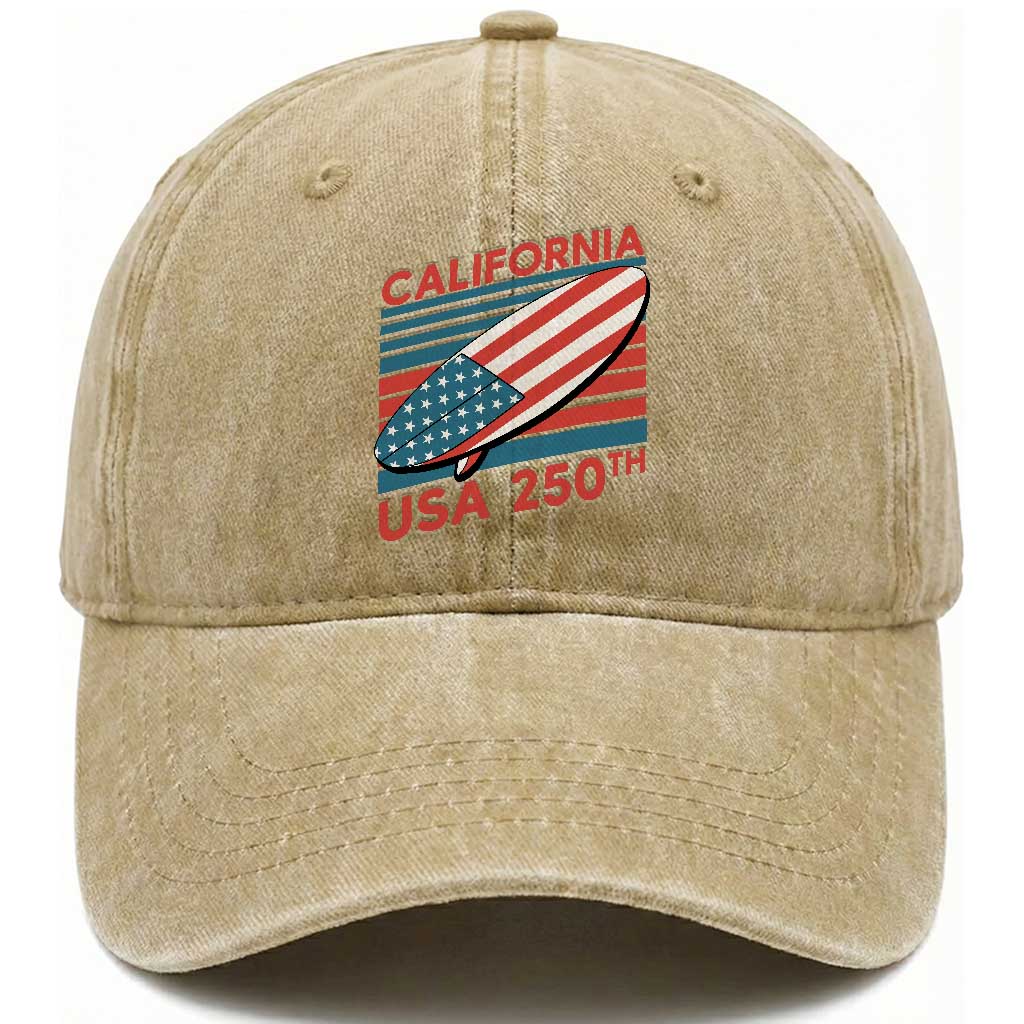 California USA 250th Anniversary Washed Cotton Baseball Cap US Semiquincentennial Patriotic Surfboard Graphic TS02 Washed Cap Universal Fit Khaki Print Your Wear