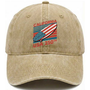 California USA 250th Anniversary Washed Cotton Baseball Cap US Semiquincentennial Patriotic Surfboard Graphic TS02 Washed Cap Universal Fit Khaki Print Your Wear