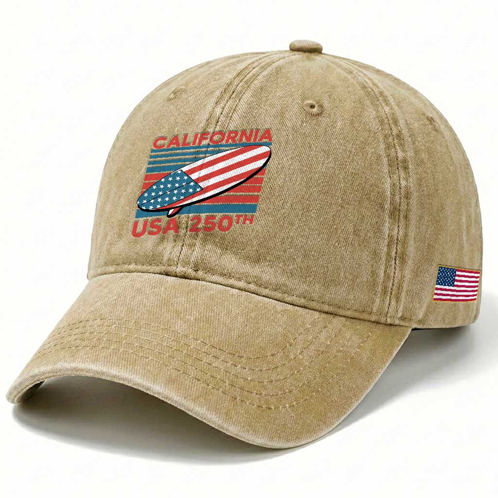 California USA 250th Anniversary Washed Cotton Baseball Cap US Semiquincentennial Patriotic Surfboard Graphic TS02 Print Your Wear