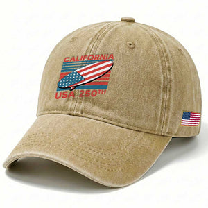 California USA 250th Anniversary Washed Cotton Baseball Cap US Semiquincentennial Patriotic Surfboard Graphic TS02 Print Your Wear