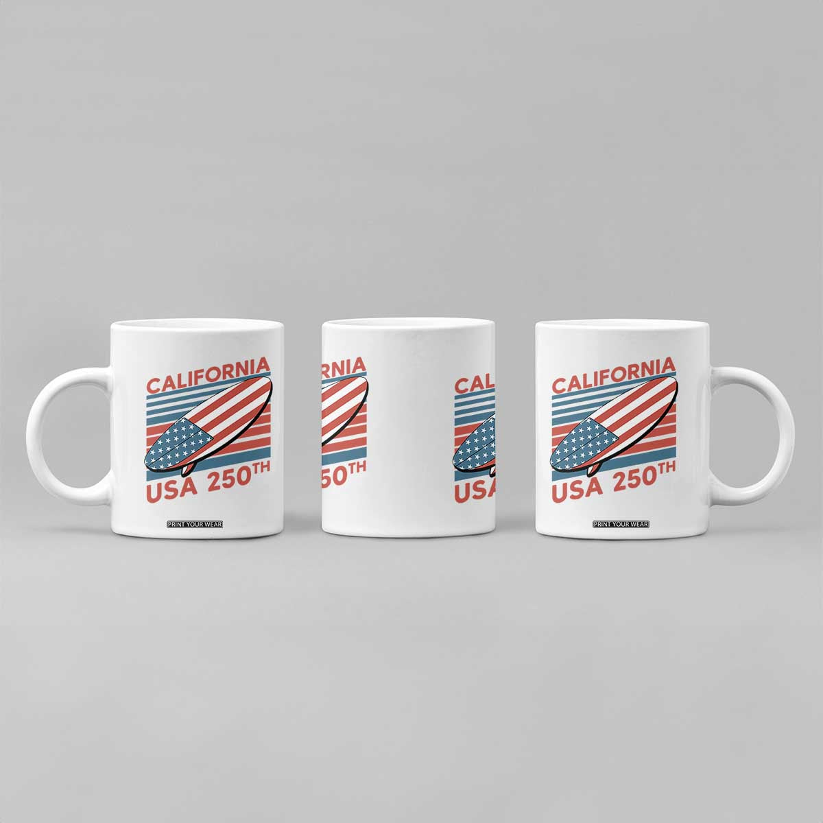 California USA 250th Anniversary Coffee Mug US Semiquincentennial Patriotic Surfboard Graphic TS02 Print Your Wear