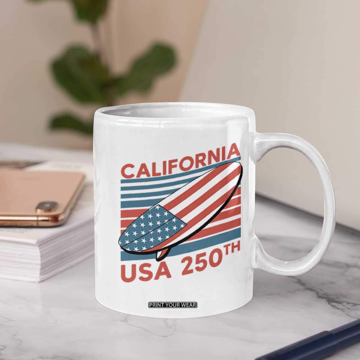 California USA 250th Anniversary Coffee Mug US Semiquincentennial Patriotic Surfboard Graphic TS02 Print Your Wear