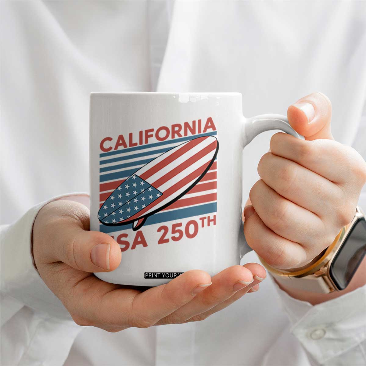 California USA 250th Anniversary Coffee Mug US Semiquincentennial Patriotic Surfboard Graphic TS02 Print Your Wear
