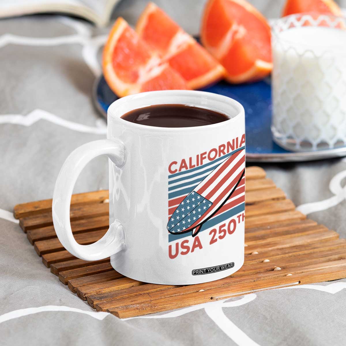 California USA 250th Anniversary Coffee Mug US Semiquincentennial Patriotic Surfboard Graphic TS02 Print Your Wear