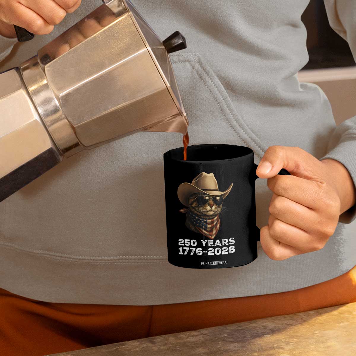 Cool Cowboy Cat 250 Years Coffee Mug Funny Patriotic 1776 to 2026 US Semiquincentennial TS02 Print Your Wear
