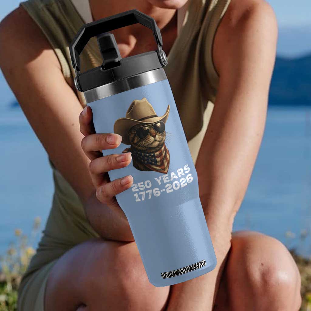 Cool Cowboy Cat 250 Years Flip Straw Tumbler Funny Patriotic 1776 to 2026 US Semiquincentennial TS02 One Size: 30 oz Light Blue Print Your Wear