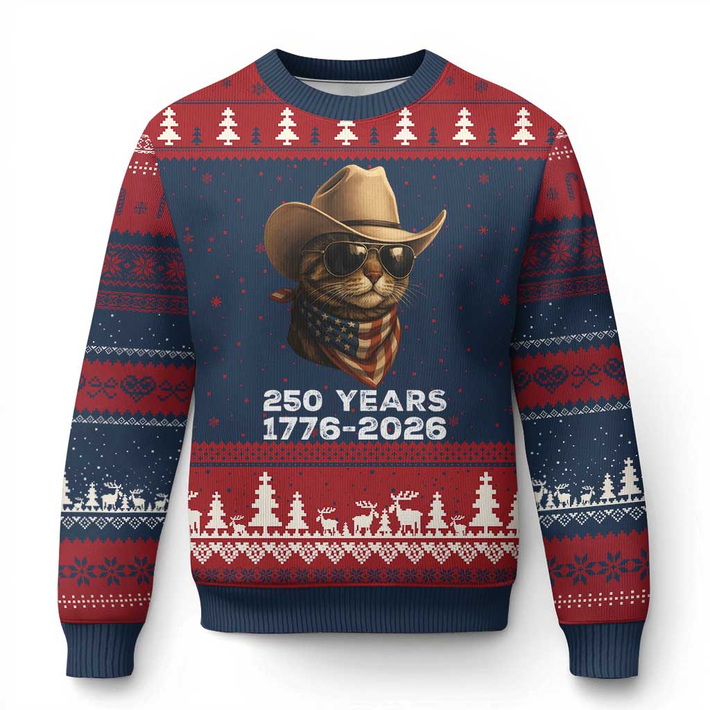Cool Cowboy Cat 250 Years Ugly Christmas Sweater Funny Patriotic 1776 to 2026 US Semiquincentennial TS02 Navy Red Print Your Wear