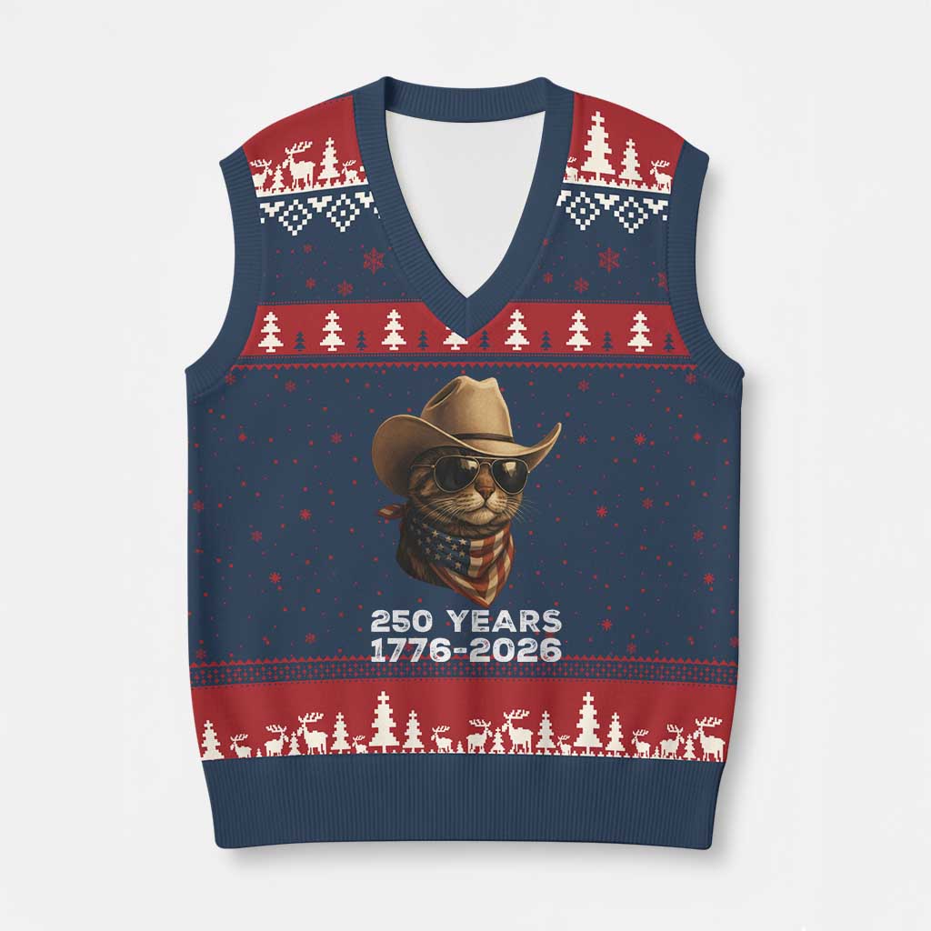 Cool Cowboy Cat 250 Years V-Neck Knit Sweater Vest Funny Patriotic 1776 to 2026 US Semiquincentennial TS02 Navy Red Print Your Wear