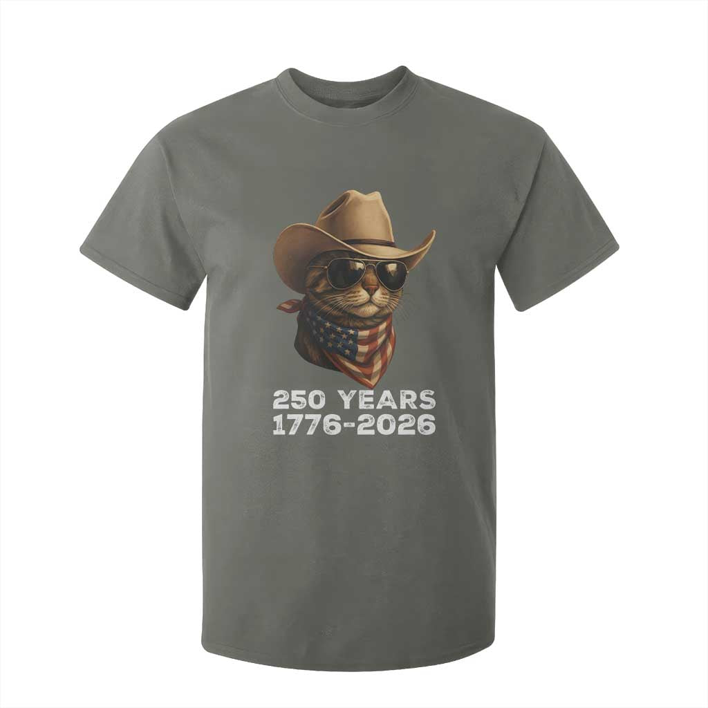 Cool Cowboy Cat 250 Years T Shirt For Kid Funny Patriotic 1776 to 2026 US Semiquincentennial TS02 Military Green Print Your Wear