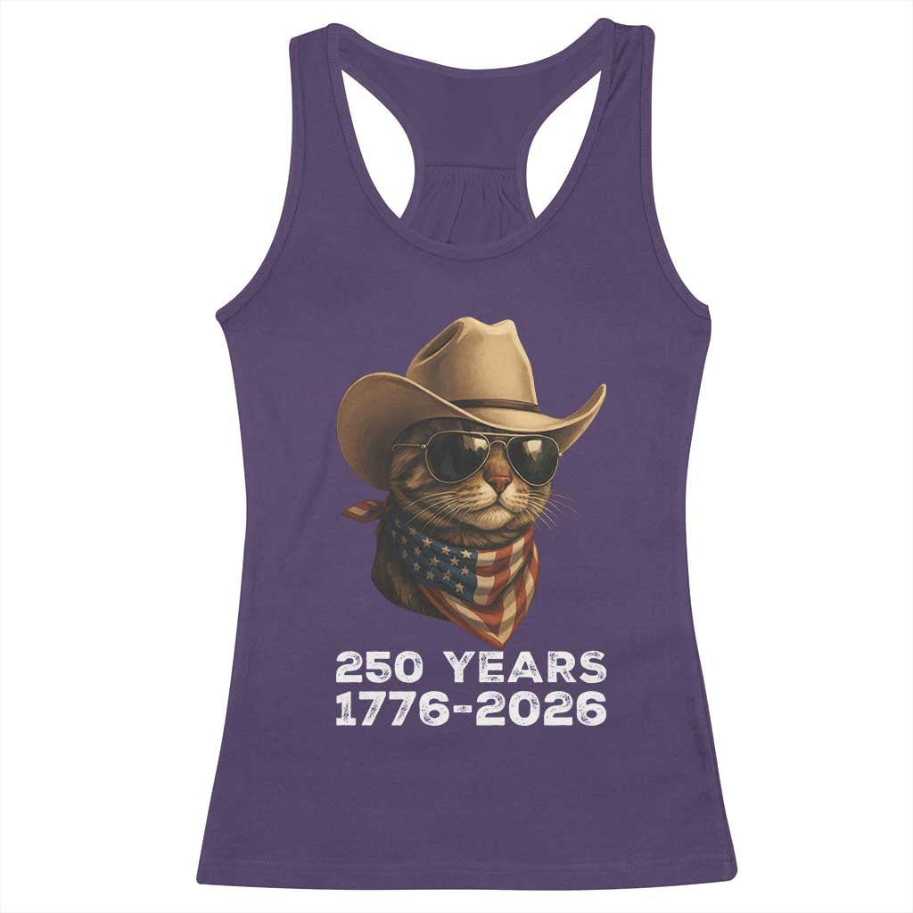 Cool Cowboy Cat 250 Years Racerback Tank Top Funny Patriotic 1776 to 2026 US Semiquincentennial TS02 Purple Print Your Wear