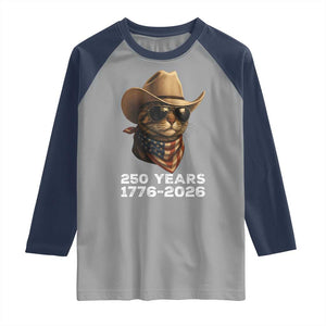 Cool Cowboy Cat 250 Years Raglan Shirt Funny Patriotic 1776 to 2026 US Semiquincentennial TS02 Sport Gray Navy Print Your Wear
