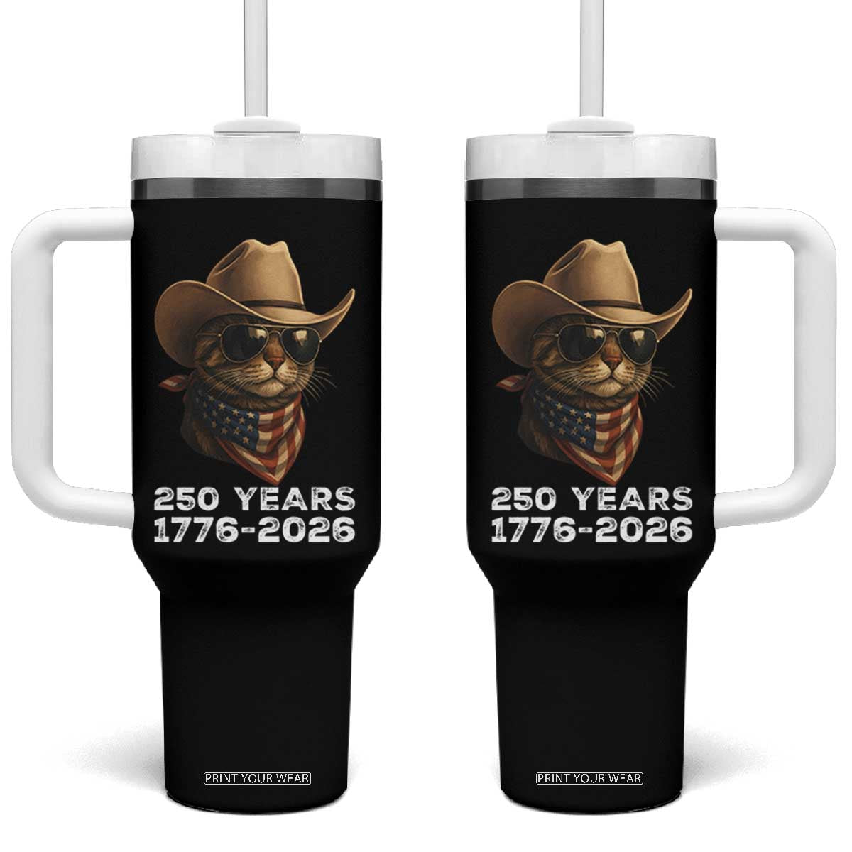 Cool Cowboy Cat 250 Years Tumbler With Handle Funny Patriotic 1776 to 2026 US Semiquincentennial TS02 One Size: 40 oz Black Print Your Wear