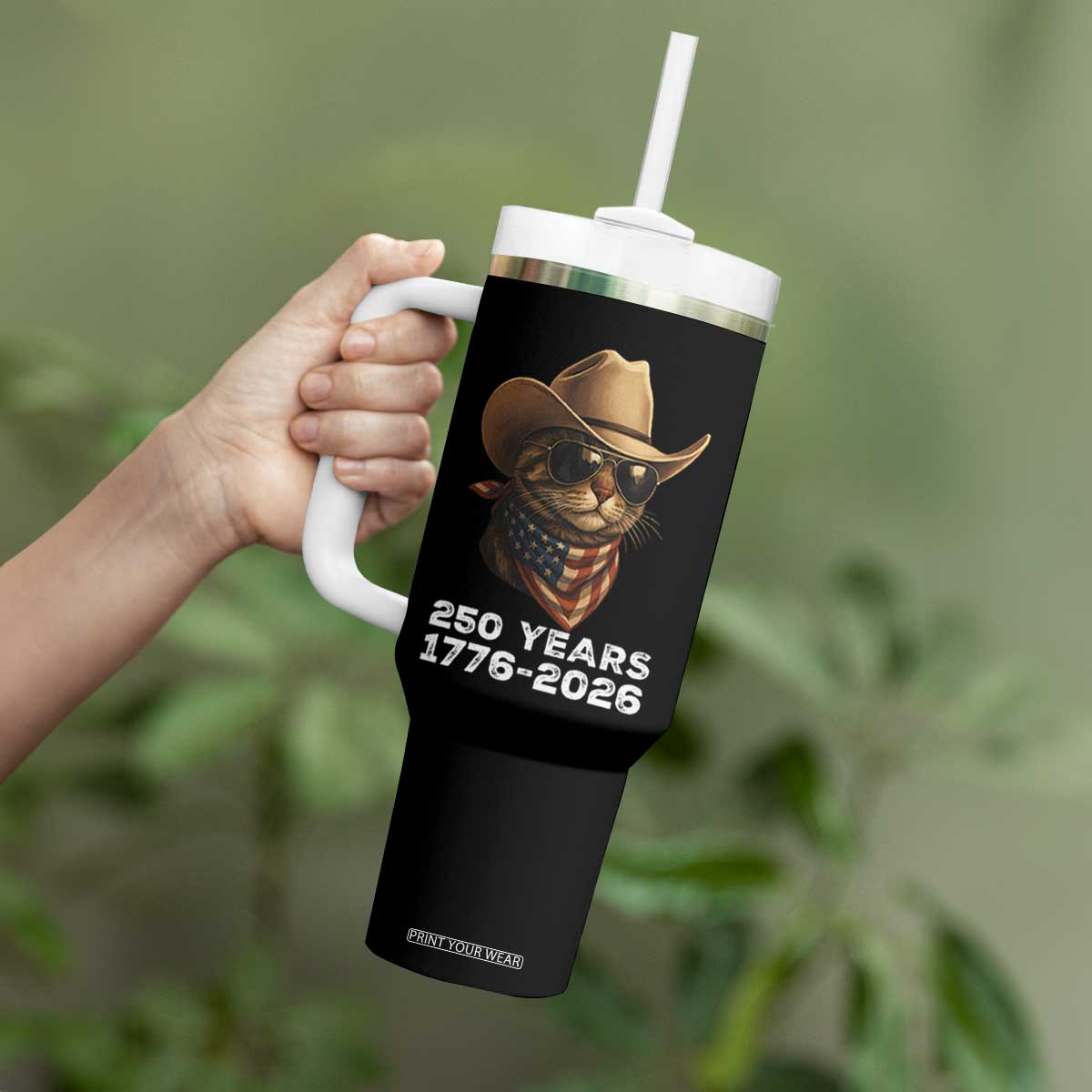 Cool Cowboy Cat 250 Years Tumbler With Handle Funny Patriotic 1776 to 2026 US Semiquincentennial TS02 Print Your Wear
