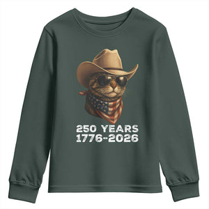 Cool Cowboy Cat 250 Years Youth Sweatshirt Funny Patriotic 1776 to 2026 US Semiquincentennial TS02 Dark Forest Green Print Your Wear