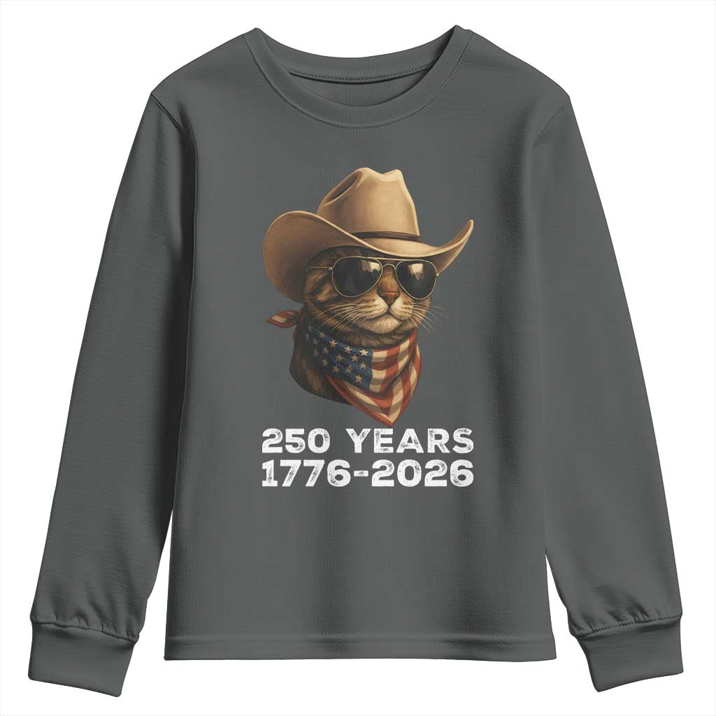 Cool Cowboy Cat 250 Years Youth Sweatshirt Funny Patriotic 1776 to 2026 US Semiquincentennial TS02 Dark Heather Print Your Wear