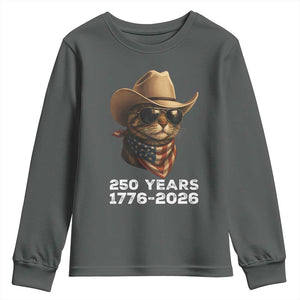 Cool Cowboy Cat 250 Years Youth Sweatshirt Funny Patriotic 1776 to 2026 US Semiquincentennial TS02 Dark Heather Print Your Wear