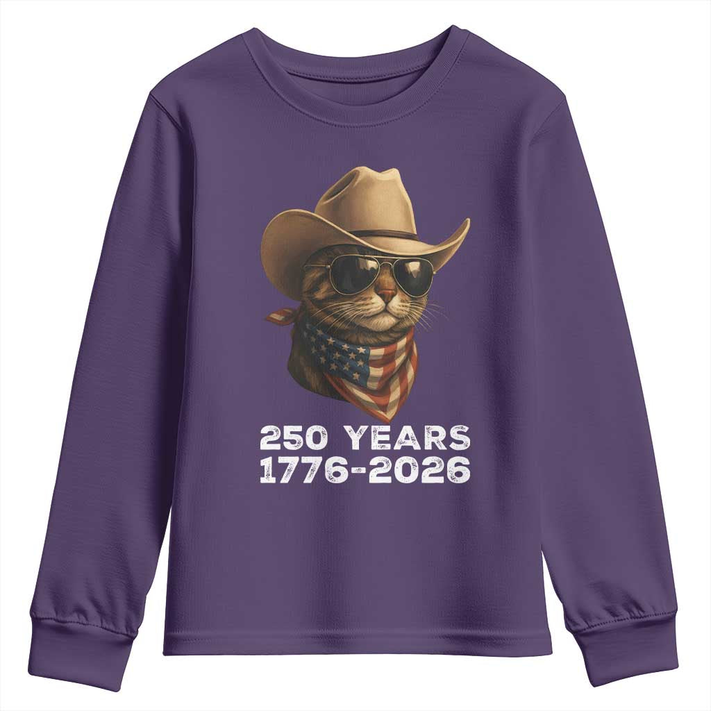 Cool Cowboy Cat 250 Years Youth Sweatshirt Funny Patriotic 1776 to 2026 US Semiquincentennial TS02 Purple Print Your Wear