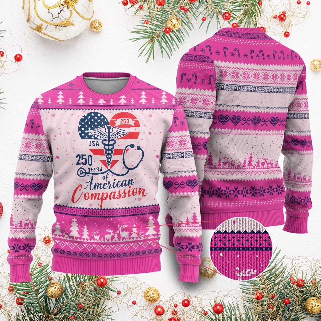 250 Years of American Compassion Ugly Christmas Sweater Patriotic Medical Worker TS02 Hot Pink Print Your Wear