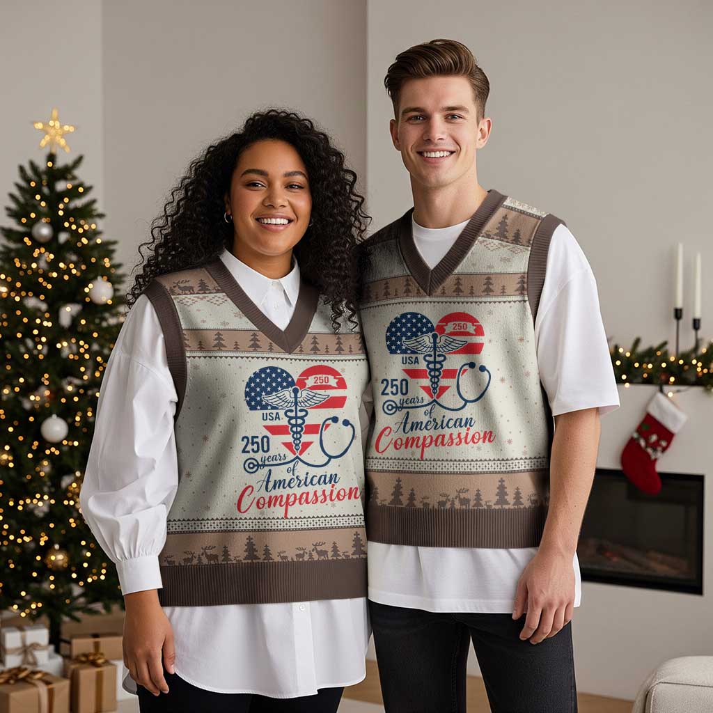 250 Years of American Compassion V-Neck Knit Sweater Vest Patriotic Medical Worker TS02 Mocha Mousse Print Your Wear