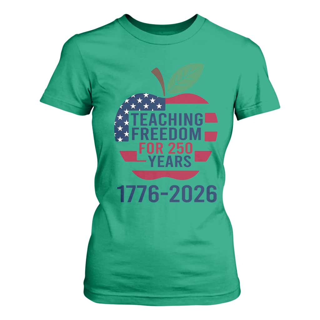 Teaching Freedom for 250 Years T Shirt For Women Patriotic Teacher Tee 1776 to 2026 Semiquincentennial TS02 Irish Green Print Your Wear