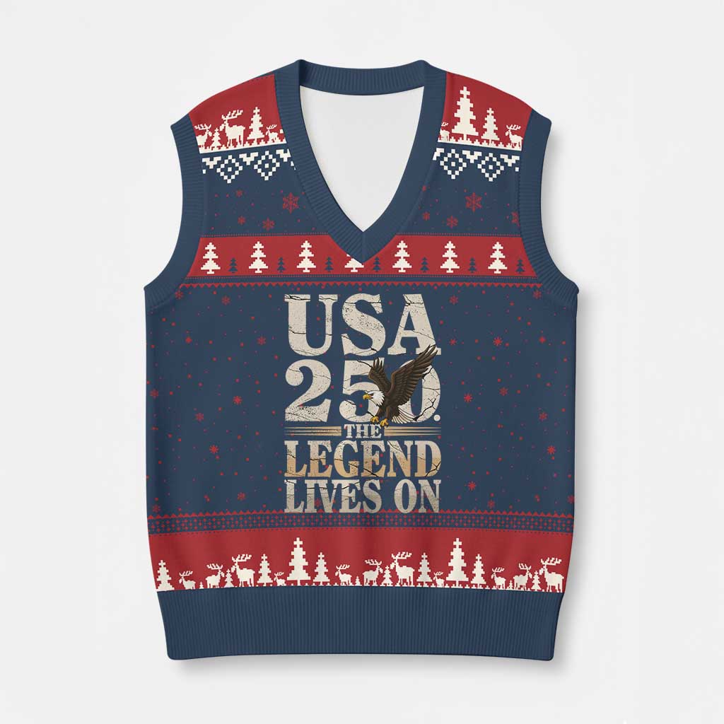 USA 250 The Legend Lives On V-Neck Knit Sweater Vest Patriotic Eagle for Semiquincentennial 2026 TS02 Navy Red Print Your Wear