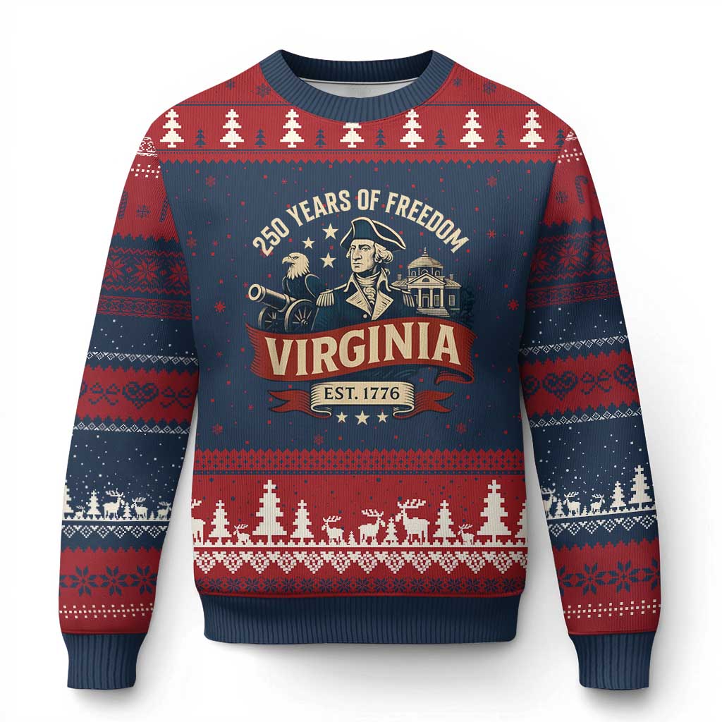 Virginia 250 Years of Freedom Ugly Christmas Sweater George Washington Patriotic State Pride Est. 1776 TS02 Navy Red Print Your Wear