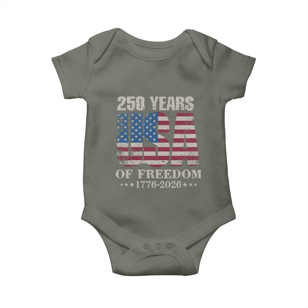 USA Flag 250 Years of Freedom Baby Onesie Vintage Patriotic 1776 to 2026 Semiquincentennial TS02 Military Green Print Your Wear